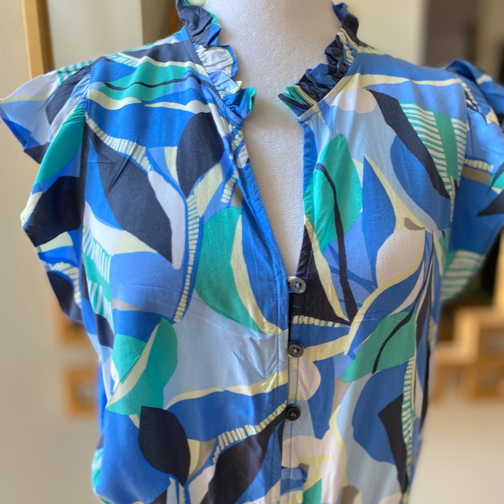 LOFT Blue Green Abstract Print Ruffle Sleeve Maxi Dress Large Petite - Picture 5 of 15